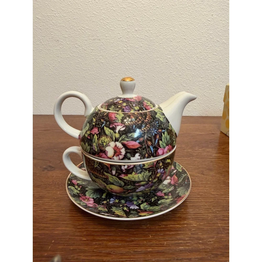 Grace Teaware Floral Tea for One Set Stacked Teapot Cup Saucer Fine Porcelain